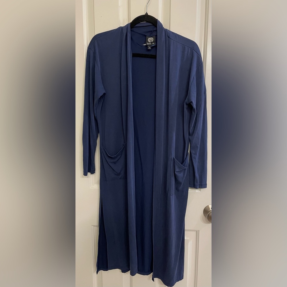 Knit Navy Collarless Open Front Sweater with pockets